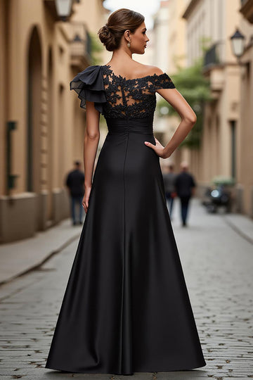 Black A-Line One Shoulder Appliqued Mother Of The Bride Dress